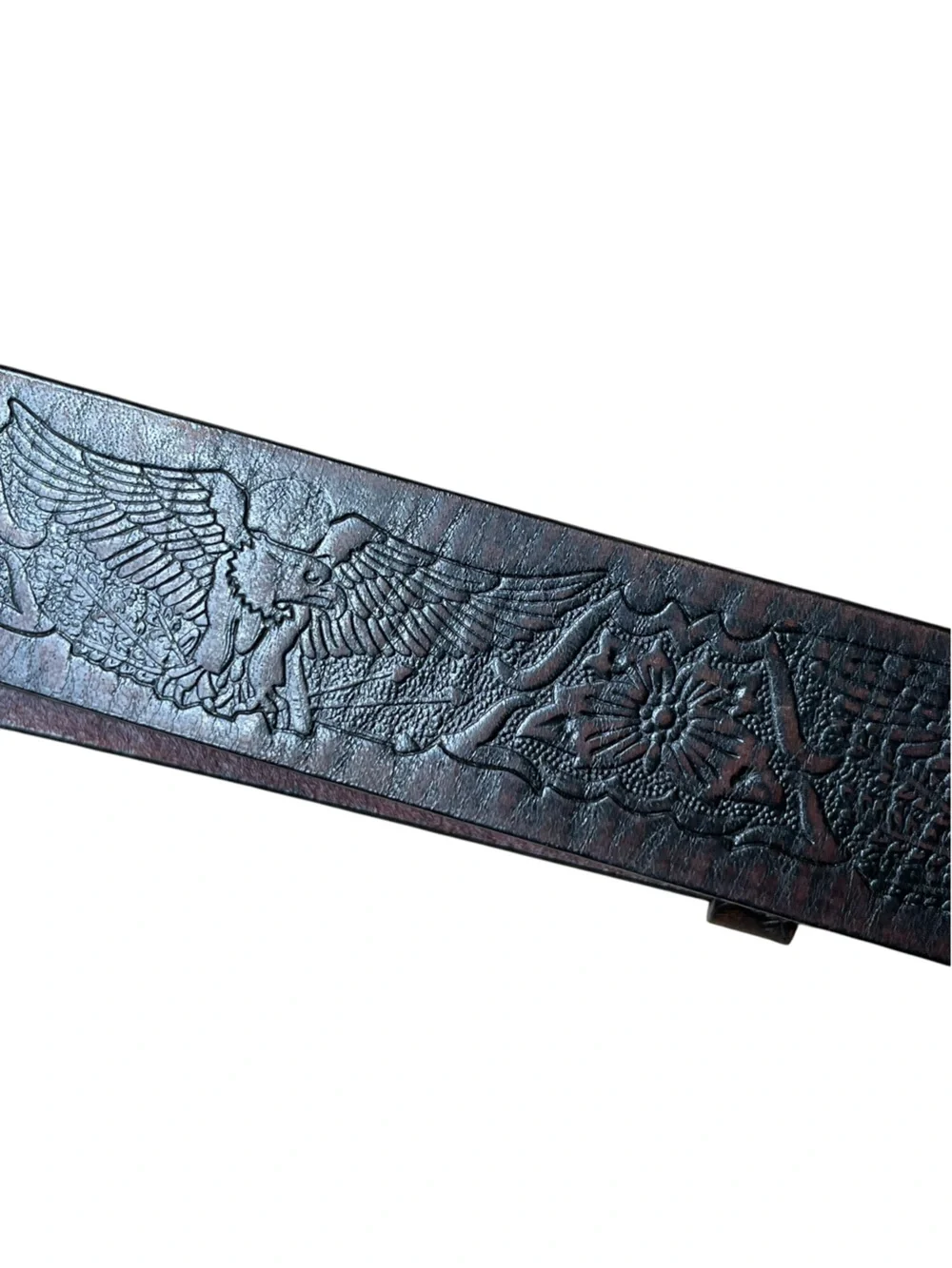 TOOLED Leather Eagle Belt Brown Pewter Buckle Men's Sz XL USA Americana Western